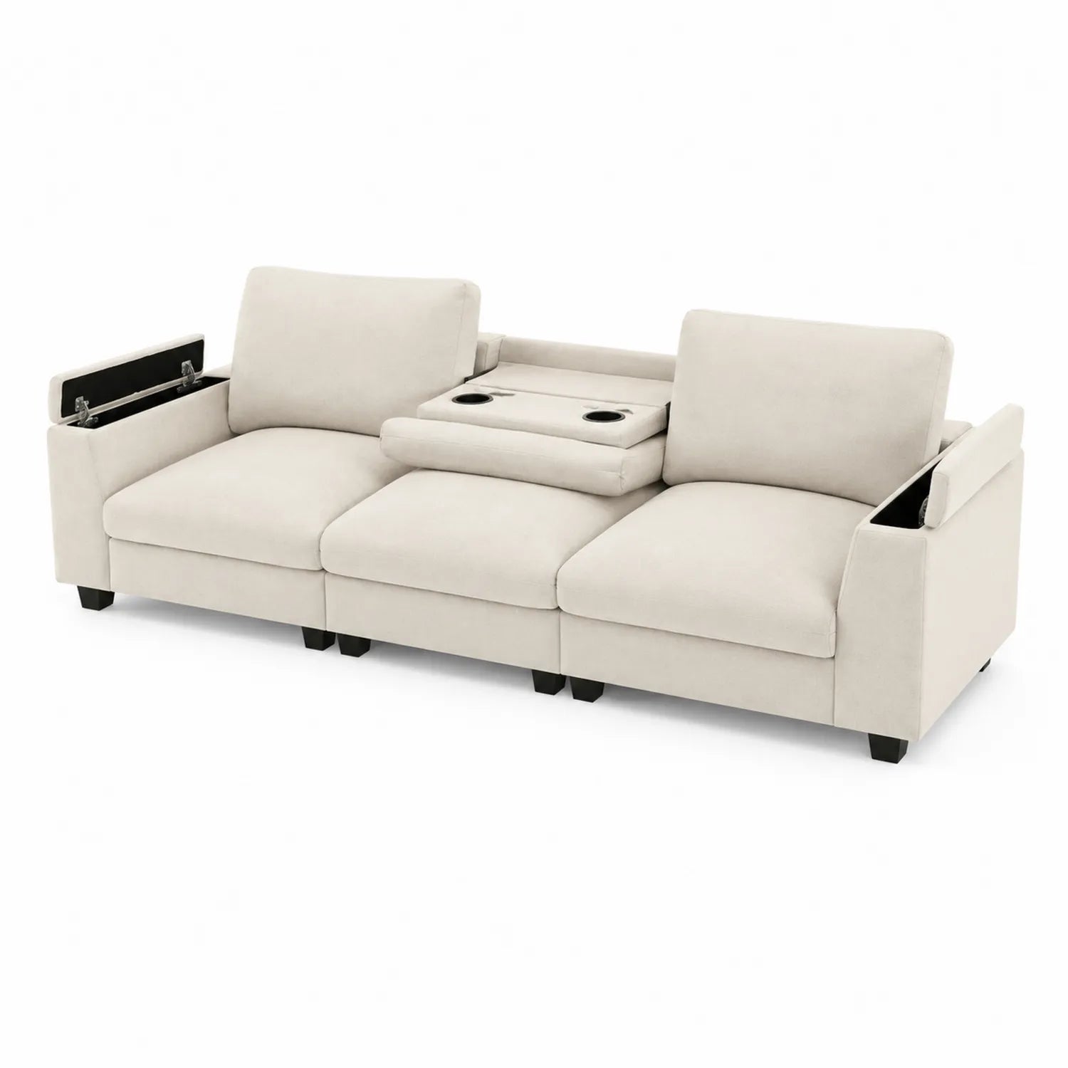 3-Sitzer Mikrofaser Sofa mit Stauraum und Getränkehaltern, Beige