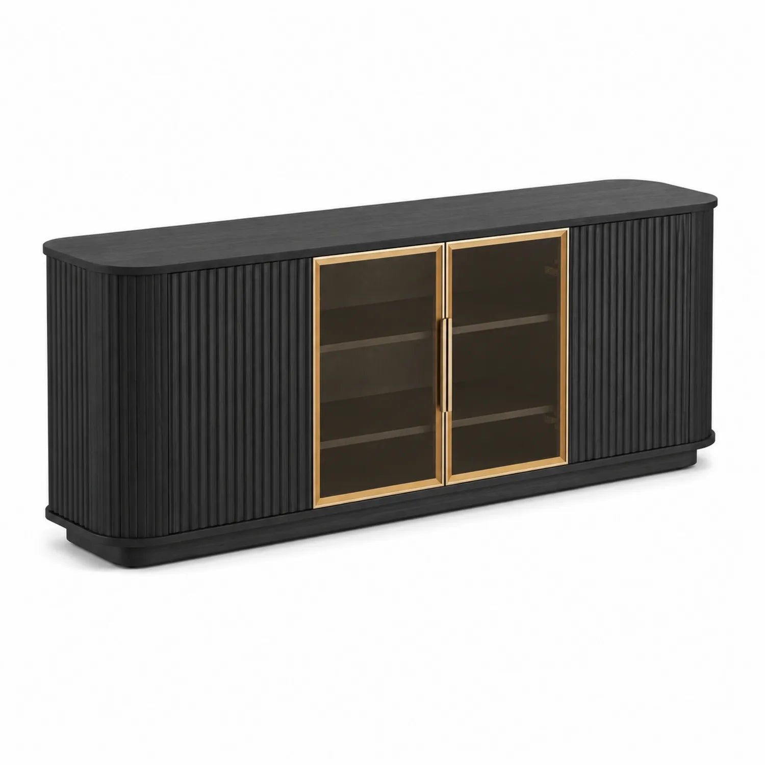 TV-Kommode aus Holz und Metall mit Glastüren in Schwarz und Gold