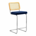 Edelstahl Barhocker mit Rohrgeflecht Rückenlehne und Blauem Sitz